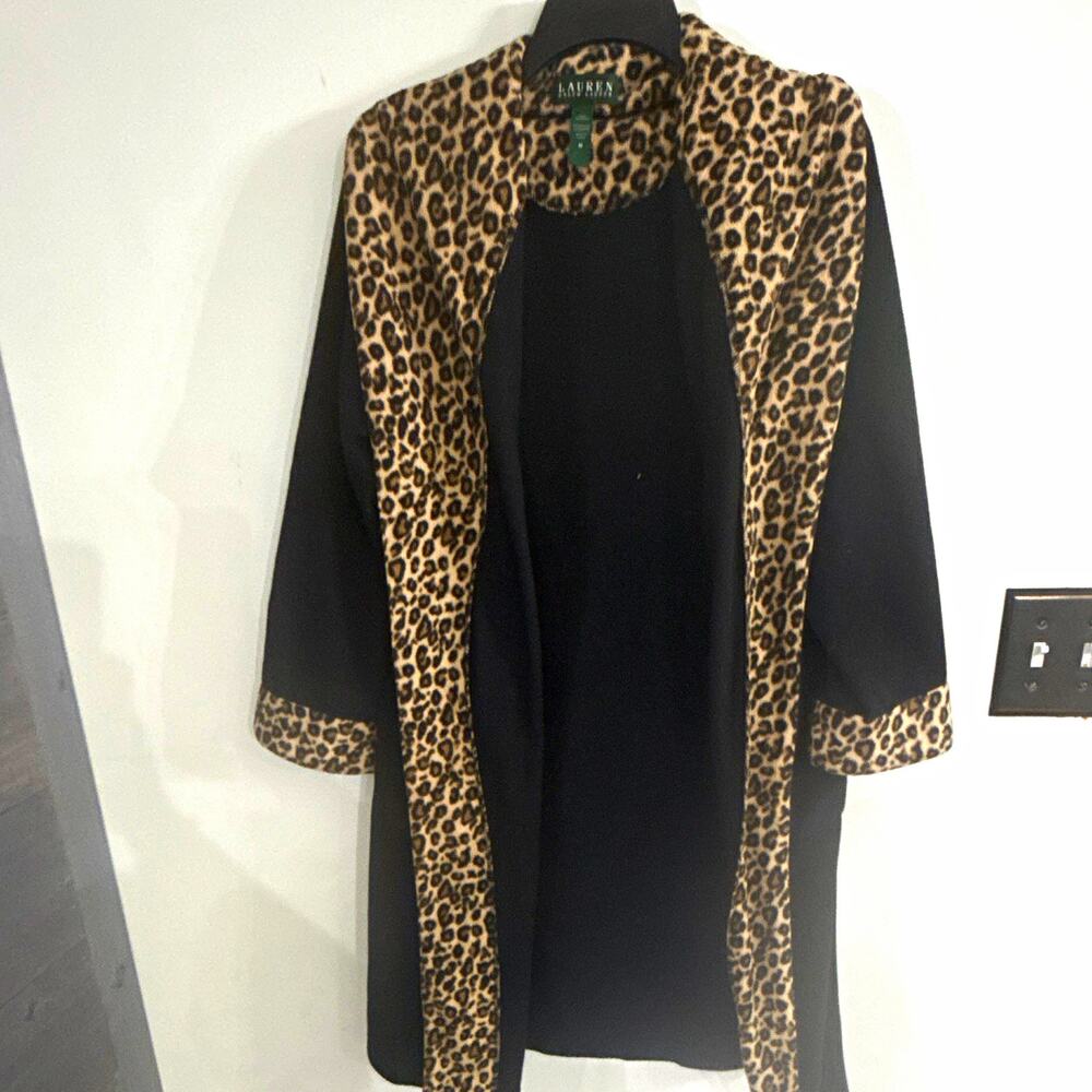 Lauren Ralph Lauren Women’s M Black Fleece Kimono Robe Shawl 3/4 Tie Leopard